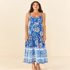 Farm Rio Floral Organic Cotton Fit & Flare Strappy Midi Dress Sleeveless XL Blue